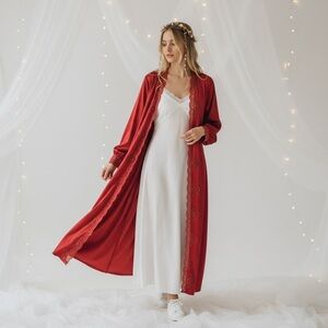 Vintage Brick Red Maxi lingerie lace long sleeve robe duster nightgown kimono